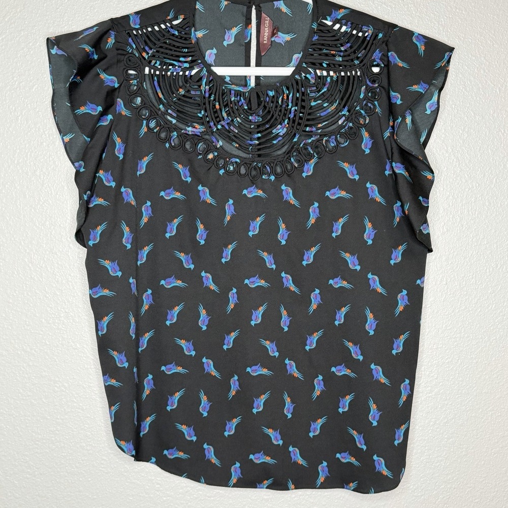 Anthropologie Ranna Gill Bird Print Boho Blouse Flutter Sleeve Embroidered‎ M